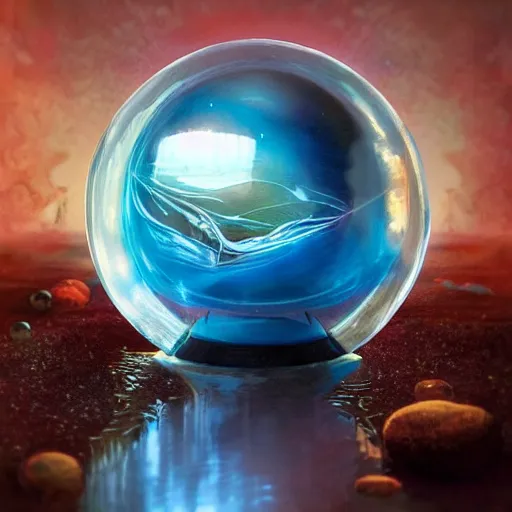 Image similar to crystal ball on a stand with a beautiful dreamscape inside, studio product photography, super highly detailed, professional digital painting, artstation, concept art, smooth, sharp focus, extreme illustration, unreal engine 5, photorealism, beautiful, cinematic, art by artgerm and rutkowski and alphonse mucha and loish and wlop