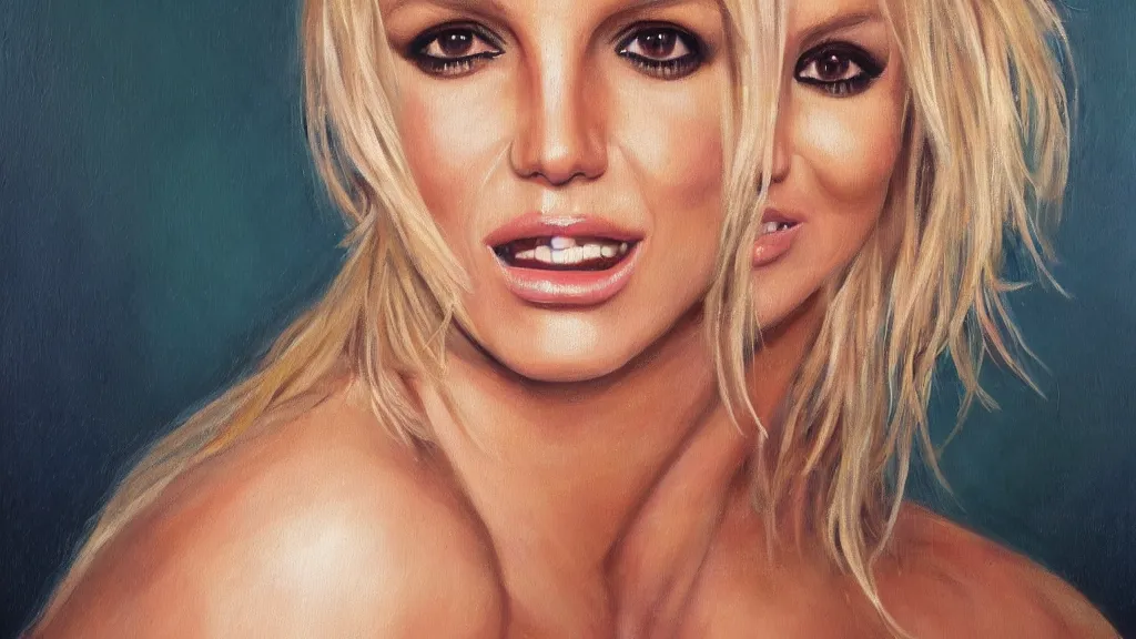 Prompt: A portrait painting of britney spears; the most beautiul painting in the world; trending on artstation; oil on canvas; correct face; correct eyes; anatomically correct; extraordinary masterpiece!!!!!!; 8k