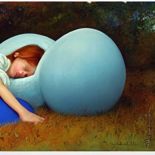 Image similar to A girl sleeping under a giant blue toadstool, artist Normal Rockwell,