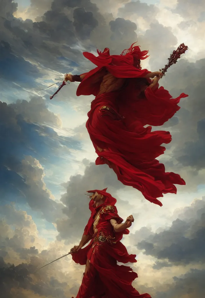 Image similar to A boisterous Red Mage wearing striped shining armor holding a staff of power surrounded by an epic cloudscape. The Magus Omega . Red Wizard. Morpheus. masterpiece. 4k digital illustration. by Ruan Jia and Artgerm and Andreas Rocha and William-Adolphe Bouguereau and Edmund Blair Leighton. award winning, Artstation, intricate details, realistic, Hyperdetailed, 8k resolution. Concept Painting. Key Art