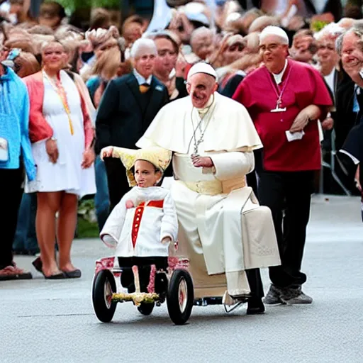 Image similar to the pope riding a childs tricycle