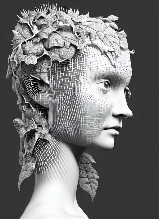 Prompt: complex 3d render ultra detailed of a beautiful porcelain profile woman face, black eyes, mechanical vegetal dragon cyborg, 150 mm, beautiful natural soft light, rim light, silver vanilla details, neural network, synapsis, magnolia big leaves and stems, roots, fine foliage lace, maze like, mesh wire, intricate details, hyperrealistic, ultra detailed, mandelbrot fractal, anatomical, white metal neocubism armor, facial muscles, cable wires, microchip, elegant, octane render, black and white, H.R. Giger style, 8k, trending on Artstation, unreal engine