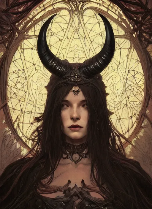 Image similar to a beautiful illustration of a satanic witch with horns in head, intricate, sharp focus, illustration, highly detailed, digital painting, concept art, matte, art by wlop and artgerm and greg rutkowski and alphonse mucha, masterpiece