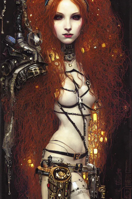 Image similar to portrait of beautiful young gothic maiden, cyberpunk, Warhammer, highly detailed, artstation, illustration, art by Gustav Klimt