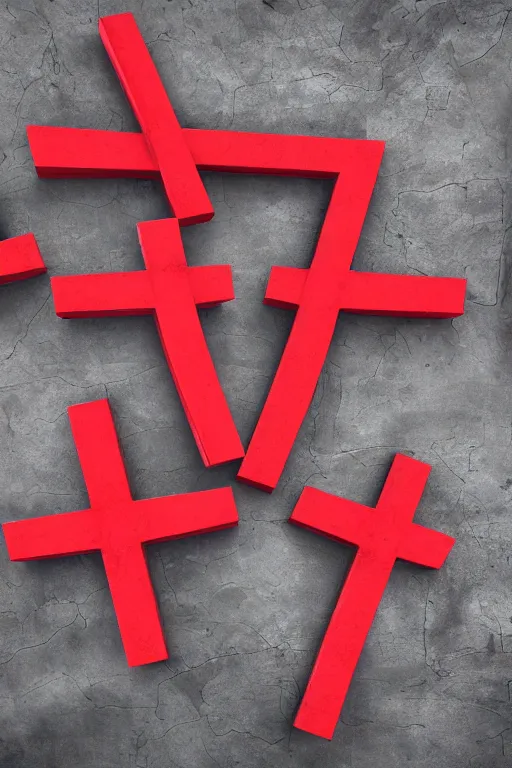 Image similar to Three giant red crosses in the center of a city