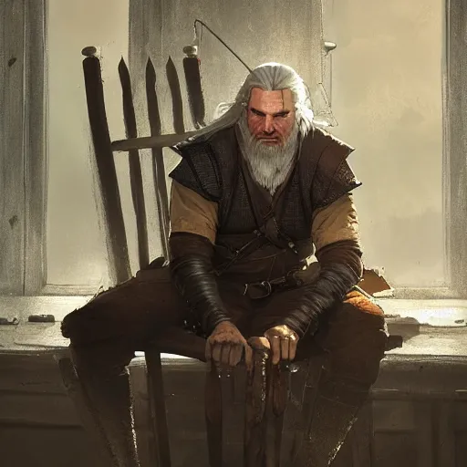 Image similar to old fatman sitting on chair reads the witcher saga, light stubble, digital art, photorealistoc, art by greg rutkowski, hyperdetailed, western comic style, comic, comic style, sharp lineart, professional lighting, deviantart, artstation, trevor henderson, rossdtaws, cinematic, dramatic