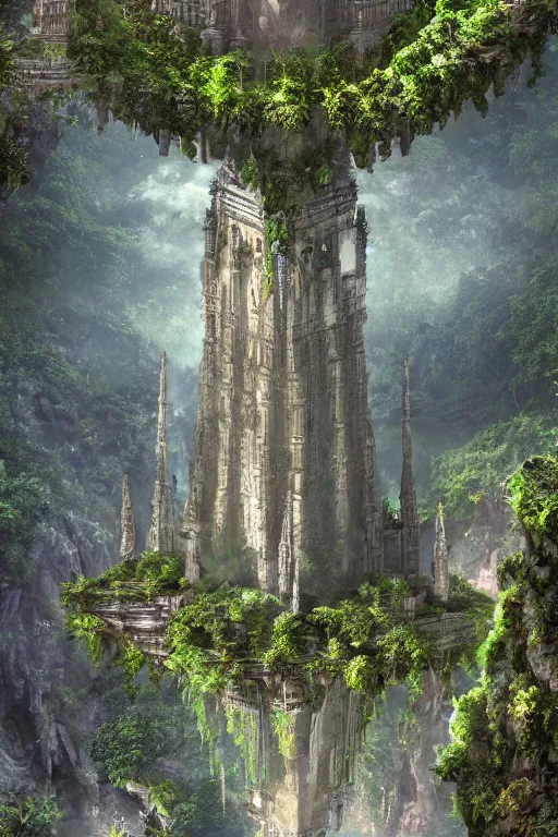 Prompt: ancient fractal temple megastructure in the hanging gardens of a radiant cathedral, overgrown garden, many white flowers, scanned earth terrain bridges, erosion algorithm landscape, by albert bierdstat, by glenn small, high fantasy, high resolution, photorealism, populated by luminous beings, volumes of fog, aerial perspective