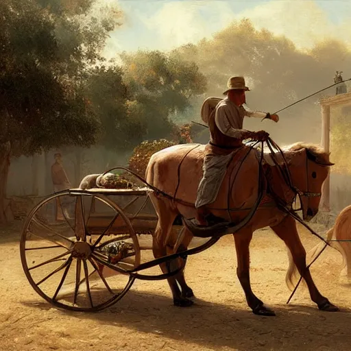 Image similar to a man pulling a cart with a horse on it, hyperrealism, no blur, 4 k resolution, ultra detailed, style of ron cobb, adolf hiremy - hirschl, syd mead, ismail inceoglu, rene margitte