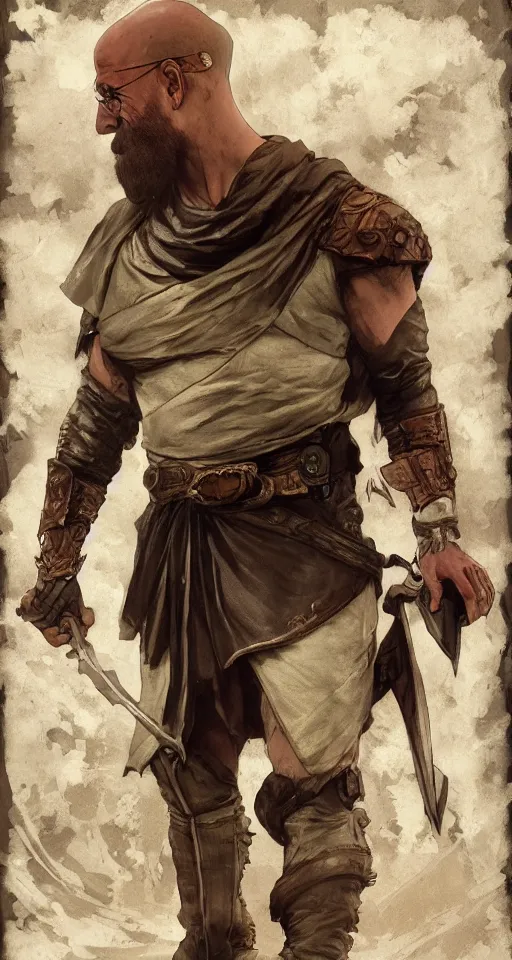 Image similar to Heisenberg as Kratos, highly detailed, digital painting, artstation, concept art, smooth, sharp focus, illustration, ArtStation, art by artgerm and greg rutkowski and alphonse mucha and J. C. Leyendecker and Edmund Blair Leighton and Katsuhiro Otomo and Geof Darrow and Phil hale and Ashley wood and Ilya repin and Charlie Bowater
