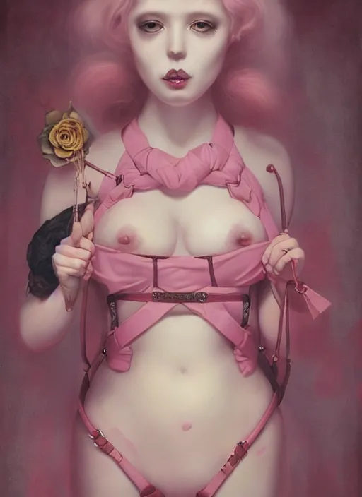 Image similar to pop surrealism, lowbrow art, realistic seductive cute woman painting, pink body harness, japanese shibari, hyper realism, muted colours, rococo, natalie shau, loreta lux, tom bagshaw, mark ryden, trevor brown style,