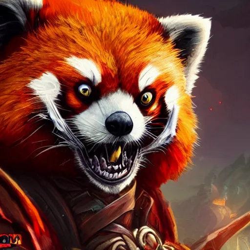 Prompt: red panda as lich king character, world of warcraft, digital illustration portrait design, by android jones and greg rutkowski, retrowave color scheme, detailed, cinematic lighting, wide angle action dynamic portrait