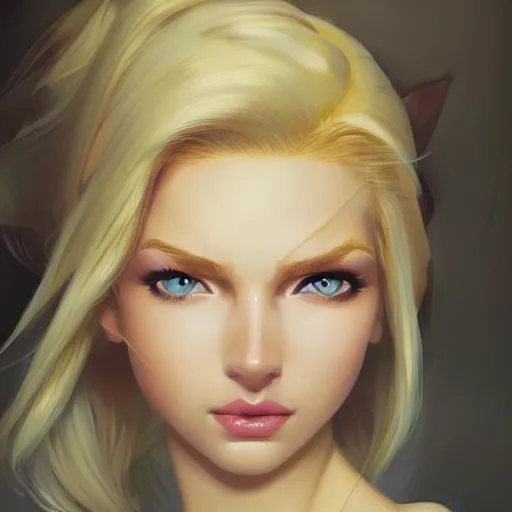 Image similar to portrait of beautiful girl with blond hair and blue eyes, League of Legend illustration by Sam Youn:2, profile picture by Gil Elvgren:2, asymmetrical, Organic Painting, Ambient Occlusion:3, Matte Painting, bold shapes, hard edges, street art, trending on artstation, realistic:2 by Sachin Teng:5