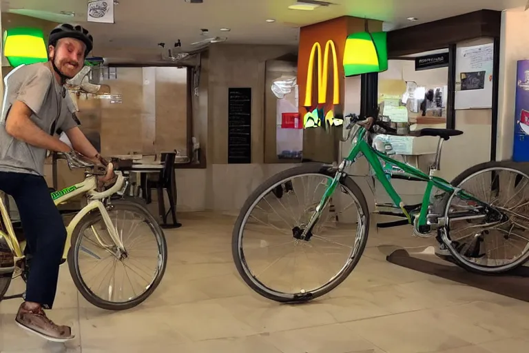 Image similar to cyclist in toilet!!! inside mcdonalds is eating donuts!!! and drinking yerba!!! mate