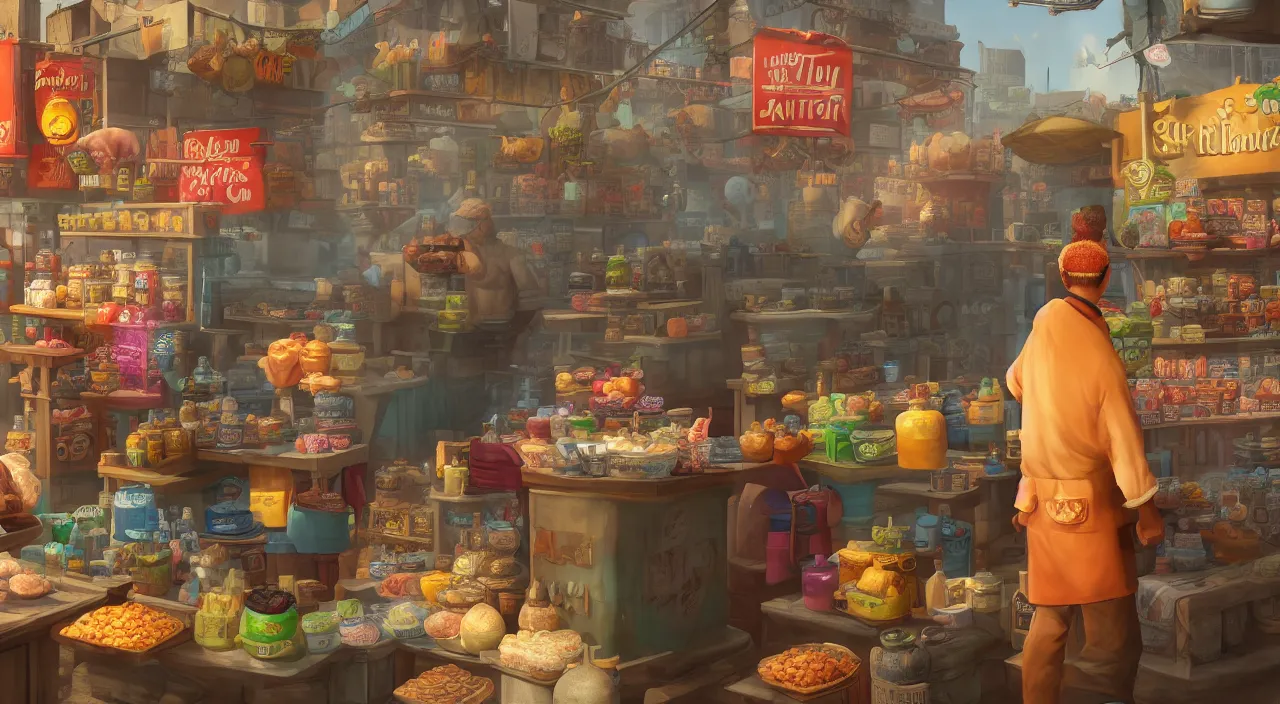 Prompt: A hyper realistic matte painting of shopkeeper selling canteens, new vegas style, vibrant, 4k, artstation, cgsociety