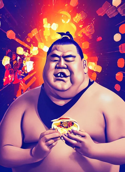 Image similar to sumo wrestler eating crispy tacos, holding hot sauce, portrait, photo realism, bokeh background, neon lights, city background, high definition, slr