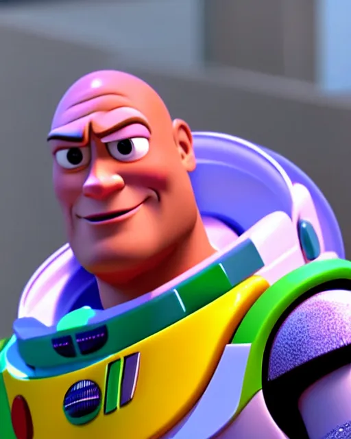 Image similar to Film still close-up shot of Dwayne Johnson as Buzz Lightyear in the movie Toy Story 3. Photographic, photography