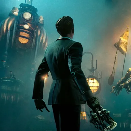 Prompt: cinematic photo of andrew ryan, portrayed by leonardo dicaprio, in a new live - action bioshock movie. the underwater city of rapture is seen shining in the background