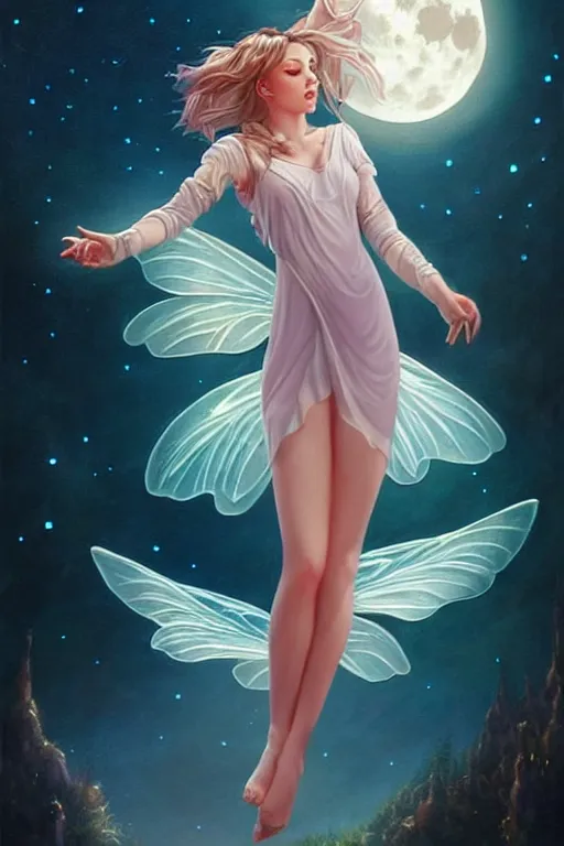 Image similar to attractive fairy magically floating high in the night, fantasy, full moon in background. highly detailed painting by artgerm, mid shot, 8 k