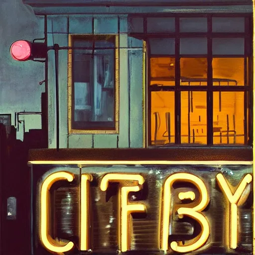 Prompt: painting of a bar exterior in old newyork with neon signs, todd hido