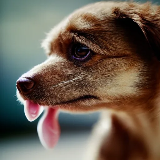 Image similar to closeup portrait of a small light brown furry dog with tongue licking its nose, cross eyed, tongue on nose, natural light, sharp, detailed face, magazine, press, photo, Steve McCurry, David Lazar, Canon, Nikon, focus