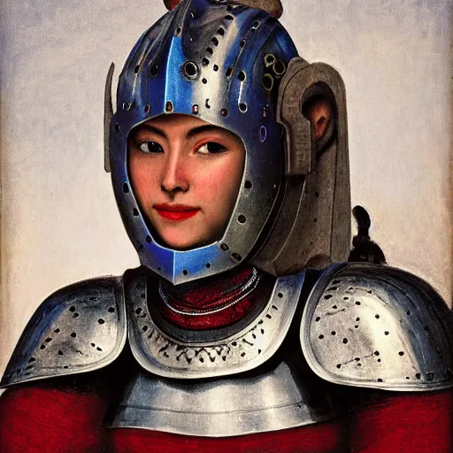 Prompt: head and shoulders portrait of a female knight, quechua!, lorica segmentata, cuirass, tonalist, symbolist, realistic, baroque, detailed, modeled lighting, vignetting, indigo and venetian red, angular, smiling, scarab