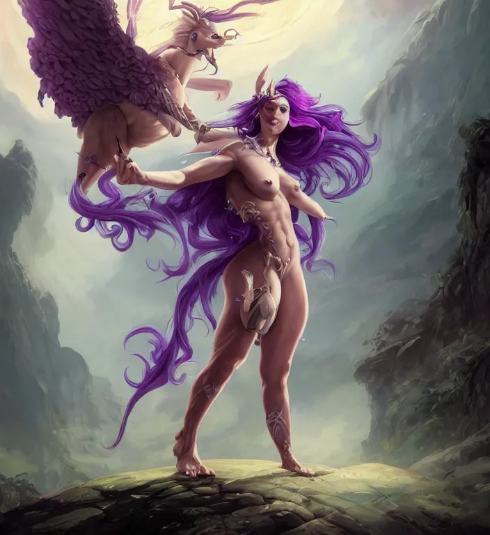 Image similar to a majestic female centaur with white wings and with a horn on the forehead and purple hair and elf ears, backlit, strong rim light, highly detailed, digital painting, by Alvaro Castagnet + Peter Mohrbacher + Dan Mumford + vivid colors + high contrast, 8k resolution, intricate, photorealistic, smooth