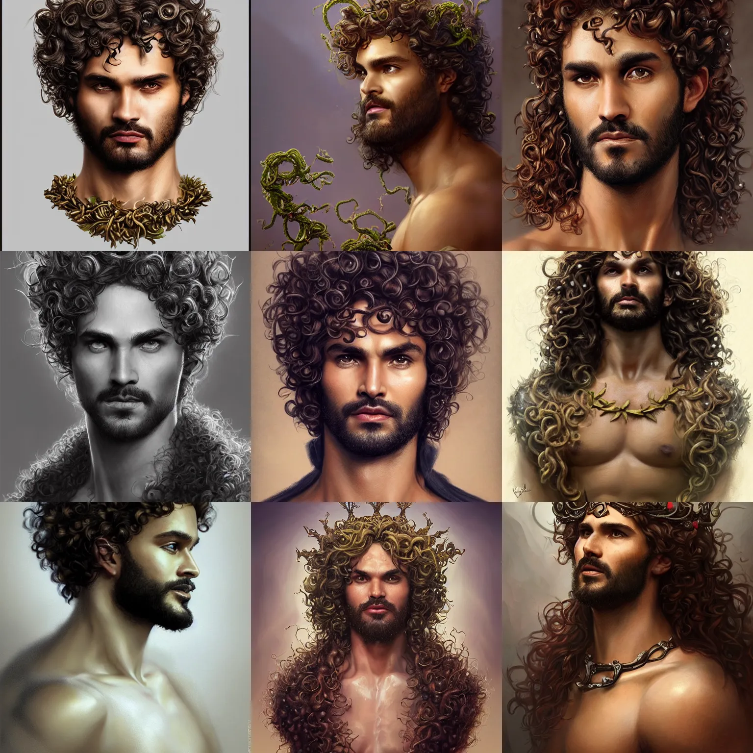 Prompt: dionysus, marlon teixeira, curly hair, vine crown, tunic, d & d, fantasy, portrait, highly detailed, digital painting, trending on artstation, concept art, sharp focus, illustration, art by artgerm and greg rutkowski and magali villeneuve