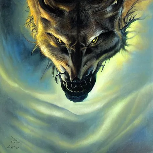 Image similar to detailed portrait of wolf fish hybrid if his parents lived intricate, hyper detailed, realistic, oil painting, by julie bell, frank frazetta, cinematic lighting