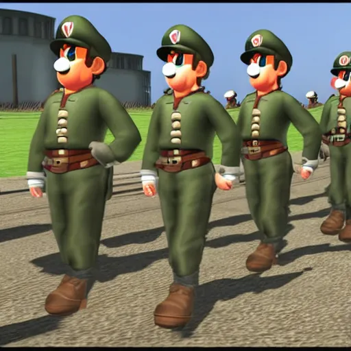 Prompt: mario as prison camp guard marching, wwii, officers uniform, ingame screenshot