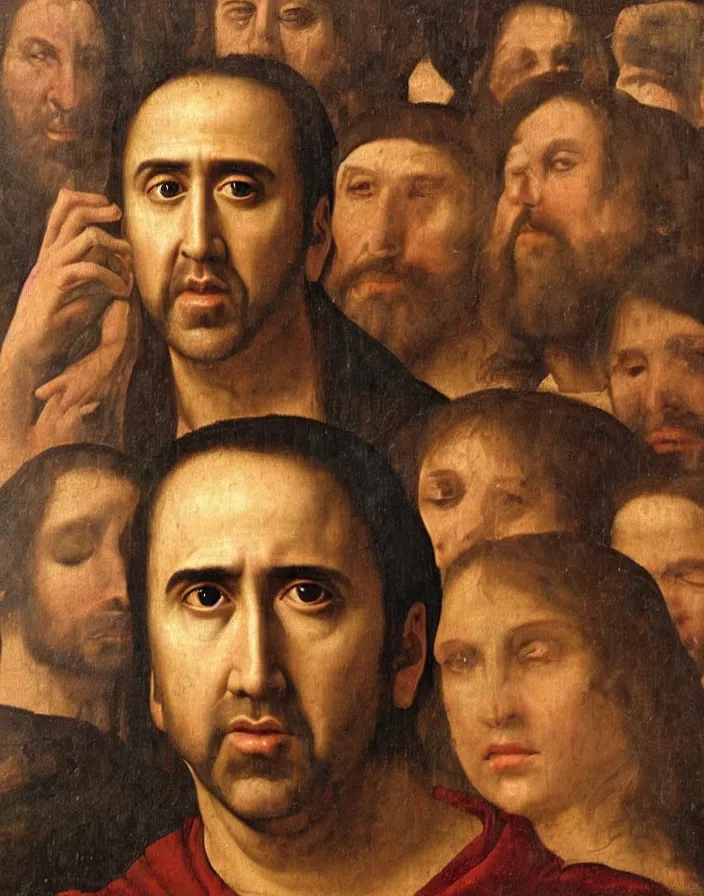 Prompt: a renaissance painting of nicolas cage made of gold by Zygmunt Waliszewski