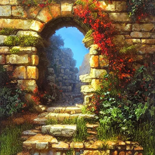 Image similar to colorful marc simonetti and Mark Keathley impasto!! acrylic painting of the slate stone gateway of a forgotten civilization. vines and creepers, stone etchings