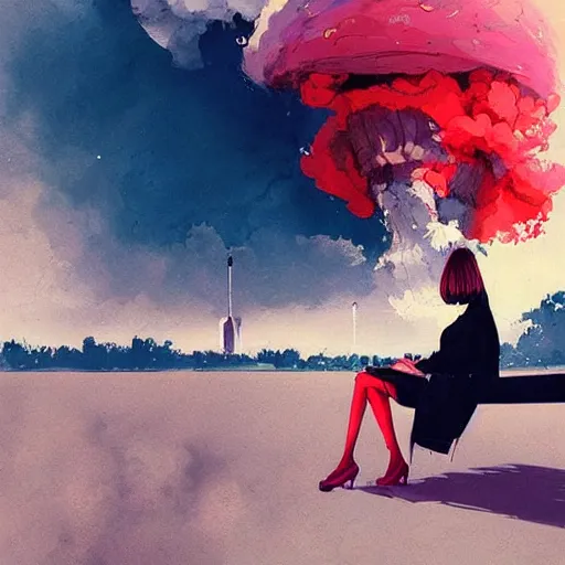 Image similar to girl sitting on a park bench, nuclear explosion in the background, nuclear bomb cloud, by conrad roset, by greg rutkowski, digital art, beautiful face