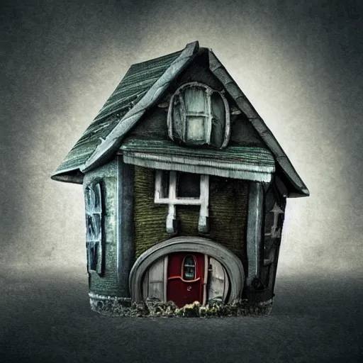 Prompt: strange little house by Tim Burton, dark background, volumetric lighting