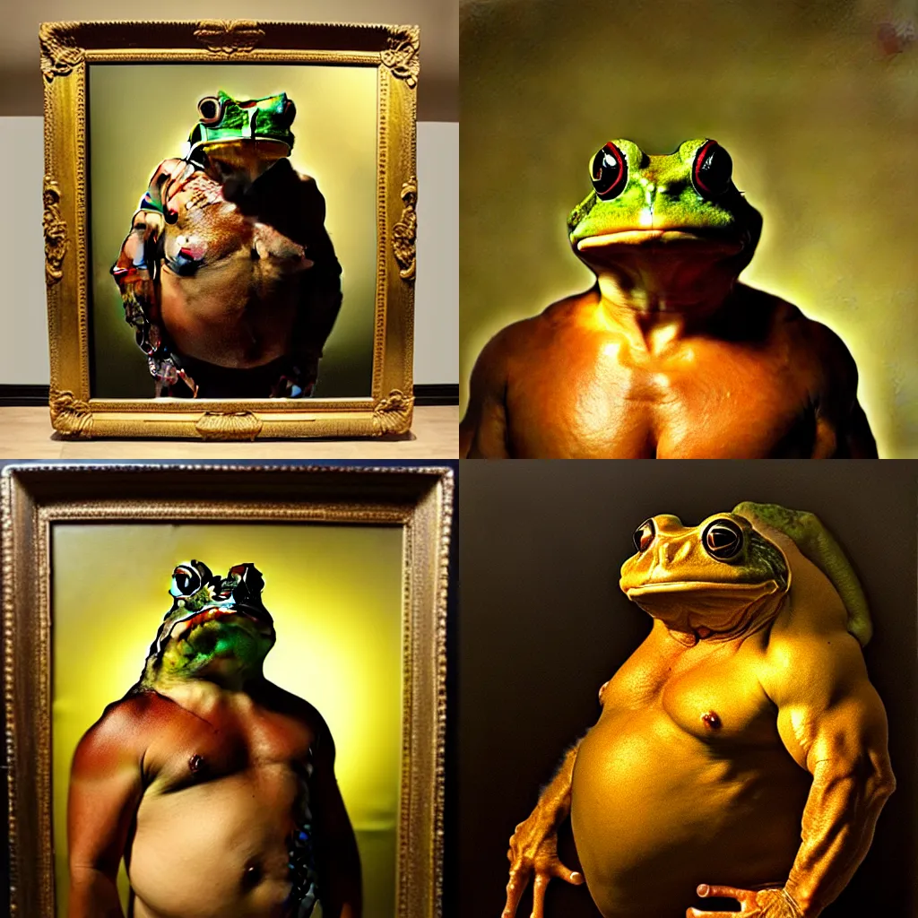 Prompt: subject: muscular oversized frog warrior in medium shot backlight portrait, style: very heavy textured rembrandt oil painting with dramatic light