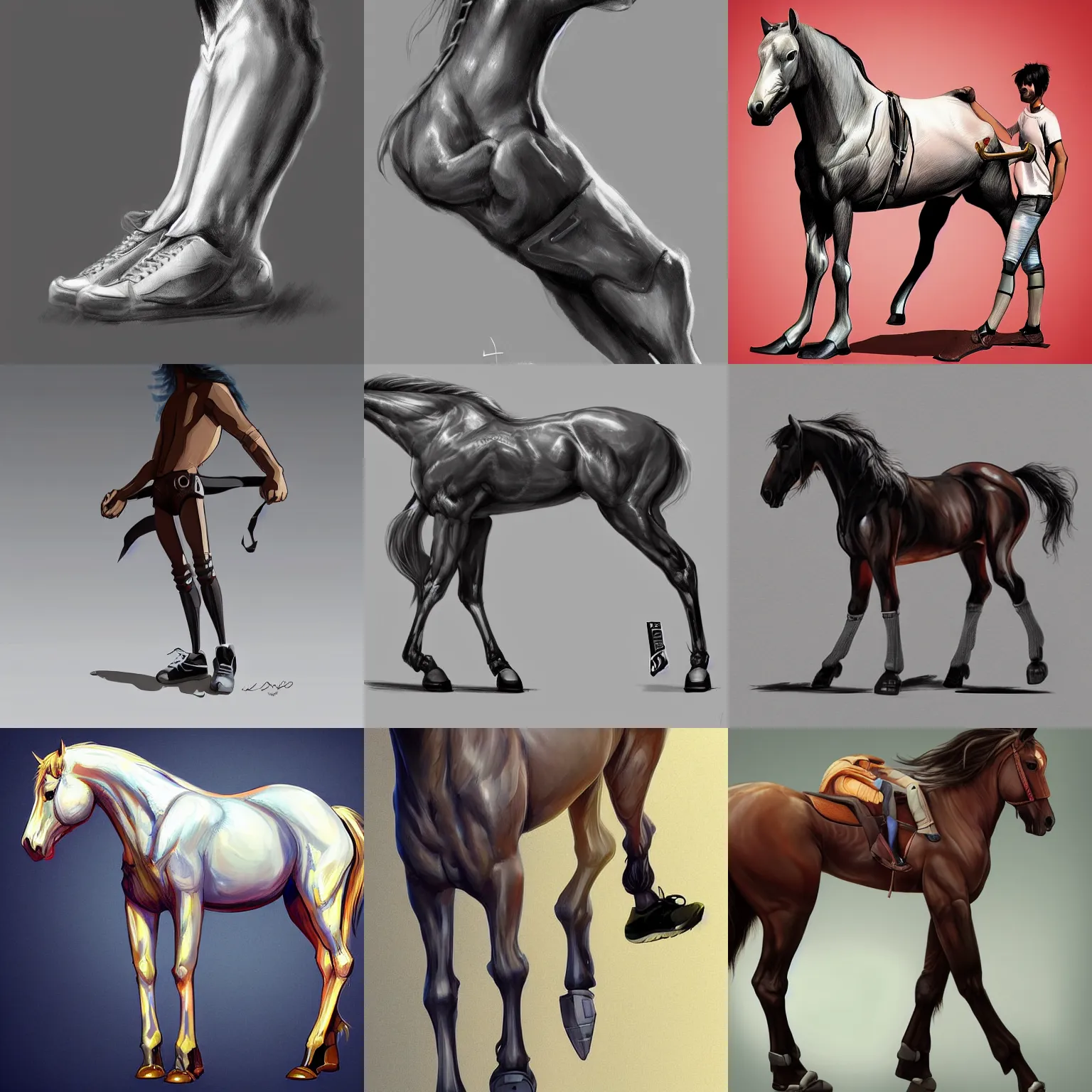 Prompt: a horse wearing human legs and sneakers, human legs, concept art, digital art, artstation