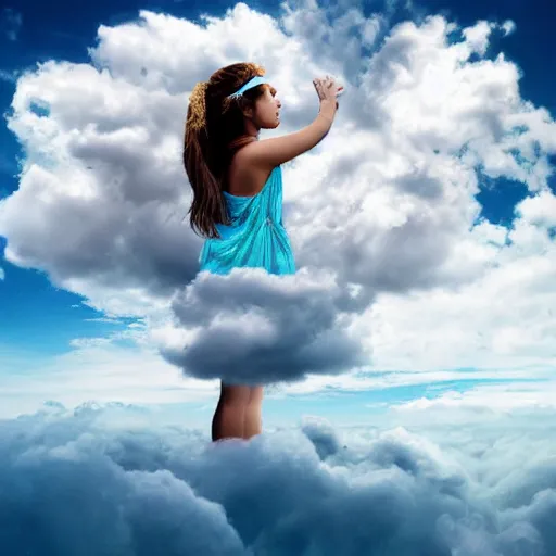 Prompt: goddess wearing a cloud fashion on the clouds, photoshop, colossal, creative, giant, digital art, photo manipulation, clouds, sky view from the airplane window, covered in clouds, girl clouds, on clouds, covered by clouds