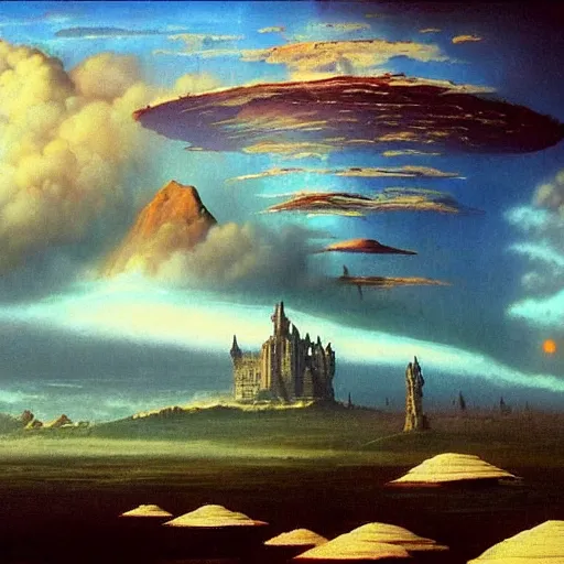 Prompt: by bruce pennington, by tony moore, by thechamba emotive renaissance painting. a beautiful land art of a castle in the clouds.