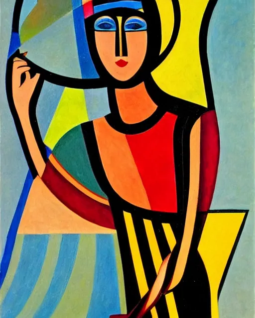 Prompt: a painting of a woman wearing a hat, an art deco painting by auguste herbin, featured on deviantart, qajar art, fauvism, art deco, egyptian art