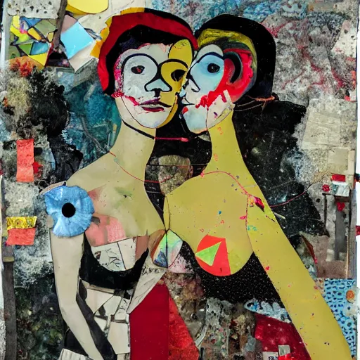 Image similar to two women kissing at a recursive carnival, mixed media collage, retro, paper collage, magazine collage, acrylic paint splatters, bauhaus, claymation, layered paper art, sapphic visual poetry expressing the utmost of desires by jackson pollock