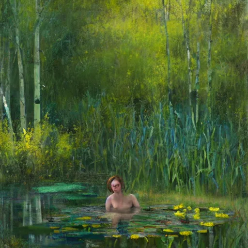 Image similar to painting of a beautiful nymph bathing in a shallow pond, obscured by water lilies, aspen grove in the background, by Jeremy Mann, stylized, detailed, loose brush strokes, pastel colors, green and yellow tones