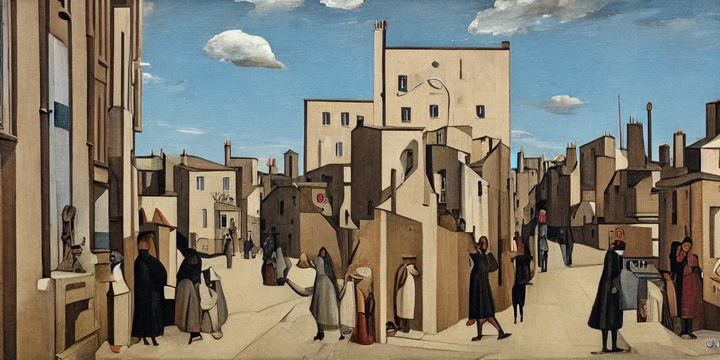 Image similar to a painting of street life in kirkwall, orkney, people,houses, by Giorgio de Chirico