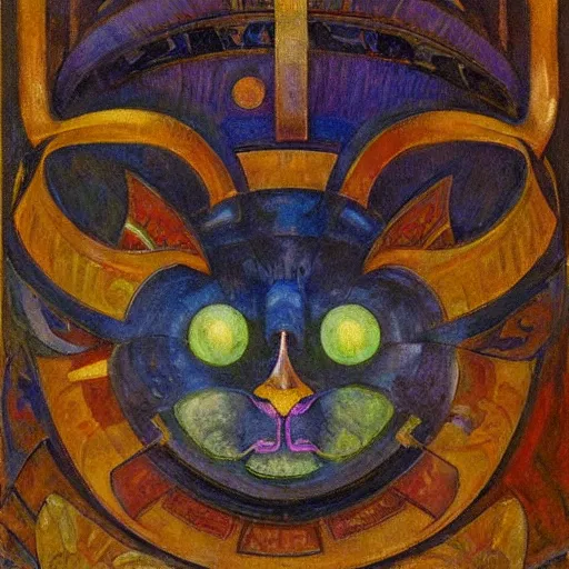 Image similar to painting of a bejeweled robot cat head, by annie swynnerton and diego rivera and nicholas roerich and jean delville, symbolist, dramatic lighting, god rays, elaborate geometric ornament, art brut, rich colors, smooth, sharp focus, extremely detailed, adolf wolfli and ( donato giancola )