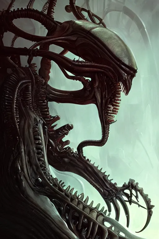 Image similar to queen alien xenomorph close - up portrait, crown of bones, intricate, elegant, volumetric lighting, scenery, digital painting, highly detailed, artstation, sharp focus, illustration, concept art, gaston bussiere, ruan jia, steve mccurry