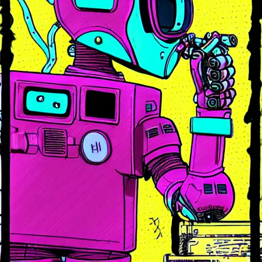 Prompt: robots need love too + cute cyberpunk street hustler mech-robot wearing walkman + fuchsia colored paint oozing from mouth + bolts + hydraulic appendages + cool street style + relaxed pose + centre image + Jamie Hewlett style + moebius style + pastel color style + line drawing,