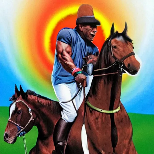 Image similar to mike tyson and arnold schwarzenegger riding a horse in front of a rainbow