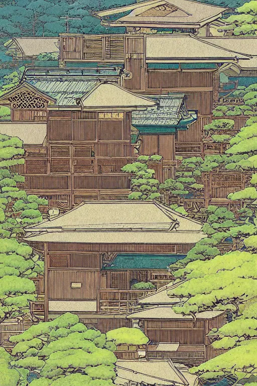 Image similar to beautiful illustration of a rural japanese home, by moebius, masamune shirow and katsuhiro otomo