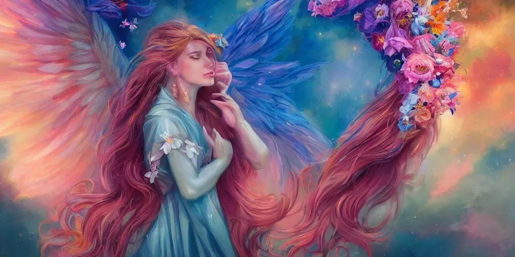 Image similar to a colorful and provenance portrait painting of a angel with her hugeflowers wings spread out gracefully, highly saturated colors, highly detailed, hair made of hair made of air wind and curling smoke, mist, dust, genie, flowers, flower, stars, spirit fantasy concept art, art by charlie bowater and aenami, trending on artstation.