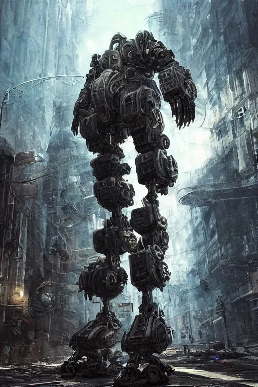 Image similar to ultra realist and ultra intricate detailed soft painting of a large mech, standing in a post-apocalyptic street, sensual gloomy style, volumetric clouds, artstation, unreal render, depth of field