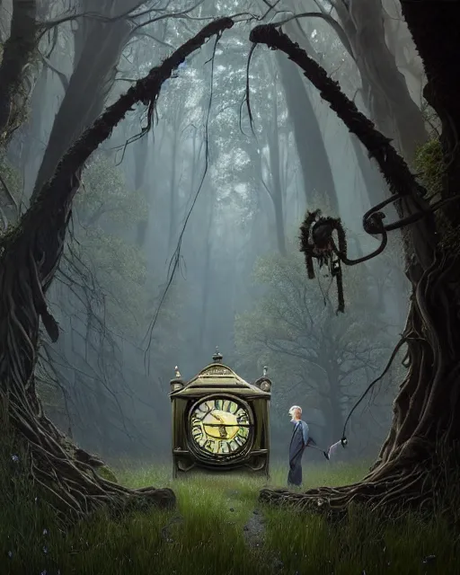 Image similar to highly detailed surreal vfx portrait of a cursed grandfather clock in a shadowy forest by a willow tree, stephen bliss, unreal engine, greg rutkowski, loish, rhads, beeple, makoto shinkai and lois van baarle, ilya kuvshinov, rossdraws, tom bagshaw, alphonse mucha, global illumination, detailed and intricate environment