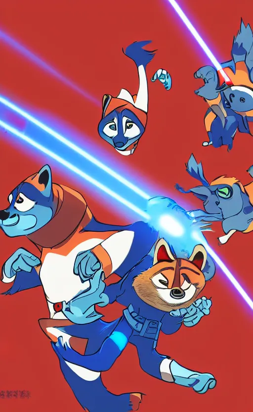 Image similar to “red racoon holding laser gun facing off with blue racoon holding laser gun, cinematic, dramatic in the style of zootopia”